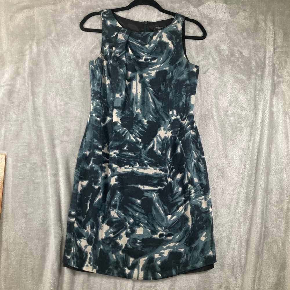 Ann Taylor Petite 4P Silk Sheath Dress Teal White Abstract Print Pleated Neck